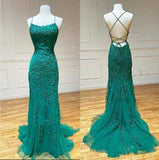 Niulatu Blue A-Line Spaghetti Strap Backless Elegant Tulle Applique Long Prom Dress HZ1103