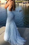 Niulatu Blue A-Line Spaghetti Strap Backless Elegant Tulle Applique Long Prom Dress HZ1103
