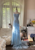 Niulatu Blue A-Line Spaghetti Strap Backless Elegant Tulle Applique Long Prom Dress HZ1103