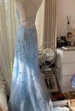 Niulatu Blue A-Line Spaghetti Strap Backless Elegant Tulle Applique Long Prom Dress HZ1103