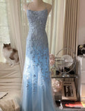 Niulatu Blue A-Line Spaghetti Strap Backless Elegant Tulle Applique Long Prom Dress HZ1103