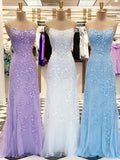 Niulatu Blue A-Line Spaghetti Strap Backless Elegant Tulle Applique Long Prom Dress HZ1103