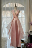 Niulatu Pink Sheath Chiffon Ribbon V-neck Simple Prom Dress HZ1103