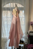 Niulatu Pink Sheath Chiffon Ribbon V-neck Simple Prom Dress HZ1103