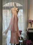 Niulatu Pink Sheath Chiffon Ribbon V-neck Simple Prom Dress HZ1103
