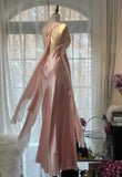 Niulatu Pink Sheath Chiffon Ribbon V-neck Simple Prom Dress HZ1103