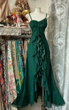 Niulatu Black Chiffon Mermaid Party Dresses with Silt Spaghetti Straps Long Prom Dresses HZ1103