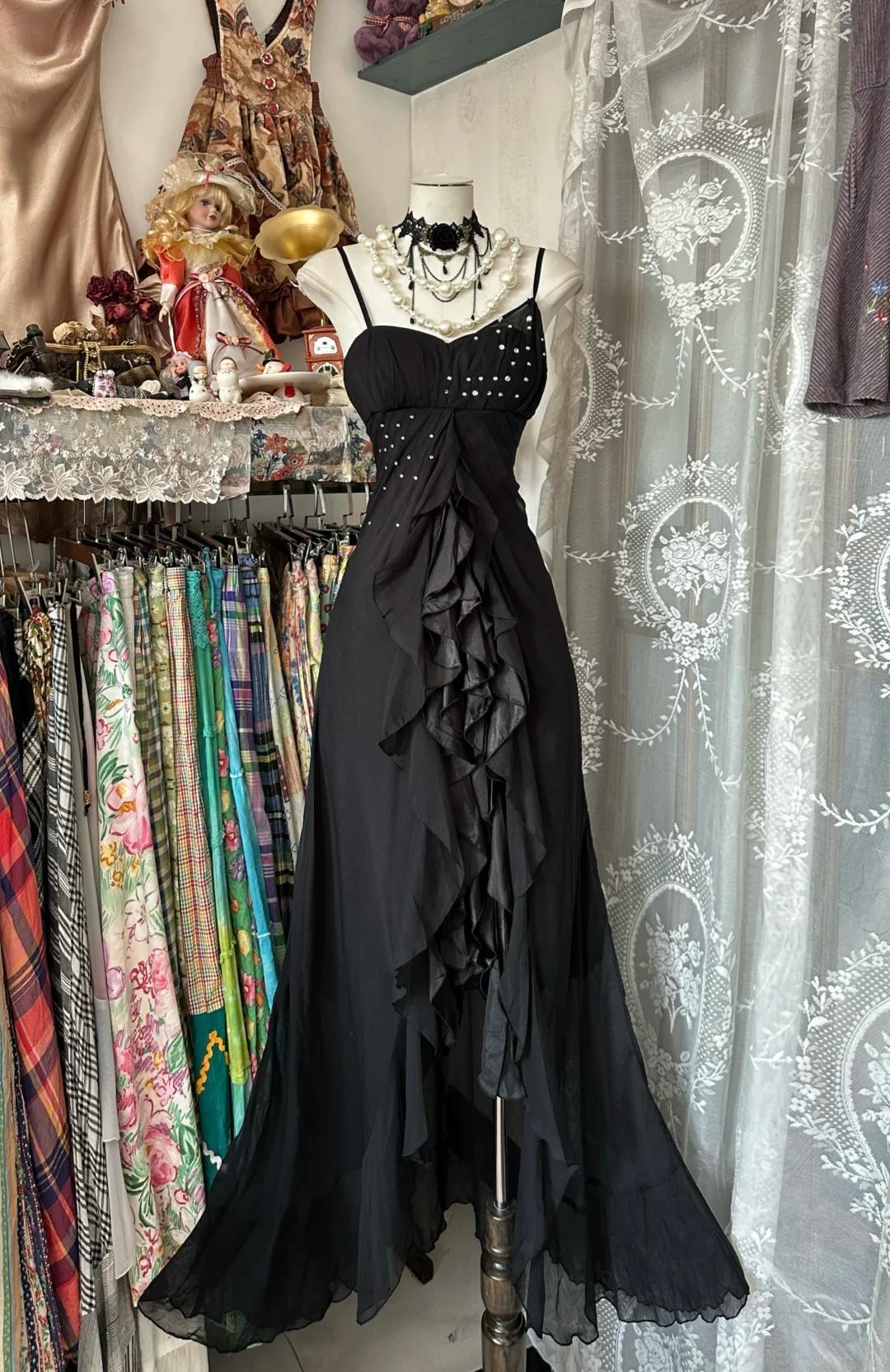 Niulatu Black Chiffon Mermaid Party Dresses with Silt Spaghetti Straps Long Prom Dresses HZ1103
