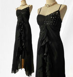 Niulatu Black Chiffon Mermaid Party Dresses with Silt Spaghetti Straps Long Prom Dresses HZ1103