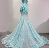Niulatu Blue Ombre Mermaid Strapless Chiffon Long Evening Dress Appliques Beading Formal Prom Dress Graduation Dress HZ1103