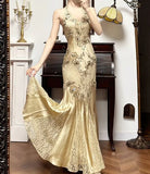 Niulatu Mermaid Halter Satin Beaded Applique Prom Dress HZ1103