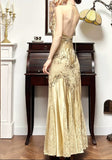 Niulatu Mermaid Halter Satin Beaded Applique Prom Dress HZ1103