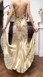 Niulatu Mermaid Halter Satin Beaded Applique Prom Dress HZ1103