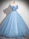 Niulatu Blue A-Line Off Shoulder Tulle Sequins Long Prom Dress Evening Dress HZ1103