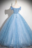 Niulatu Blue A-Line Off Shoulder Tulle Sequins Long Prom Dress Evening Dress HZ1103