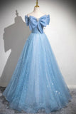 Niulatu Blue A-Line Off Shoulder Tulle Sequins Long Prom Dress Evening Dress HZ1103