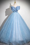 Niulatu Blue A-Line Off Shoulder Tulle Sequins Long Prom Dress Evening Dress HZ1103