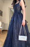 Niulatu Navy Blue A-Line Spaghetti Straps Tulle Embroidery Applique Long Prom Dress Evening Dress HZ1103