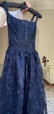Niulatu Navy Blue A-Line Spaghetti Straps Tulle Embroidery Applique Long Prom Dress Evening Dress HZ1103