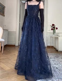Niulatu Navy Blue A-Line Spaghetti Straps Tulle Embroidery Applique Long Prom Dress Evening Dress HZ1103