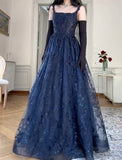 Niulatu Navy Blue A-Line Spaghetti Straps Tulle Embroidery Applique Long Prom Dress Evening Dress HZ1103