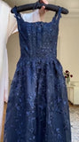 Niulatu Navy Blue A-Line Spaghetti Straps Tulle Embroidery Applique Long Prom Dress Evening Dress HZ1103