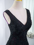 Niulatu Tulle A-Line V-Neck Purple Satin Lace Applique Long Prom Dress With Beadings HZ1103