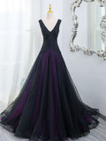 Niulatu Tulle A-Line V-Neck Purple Satin Lace Applique Long Prom Dress With Beadings HZ1103