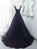 Niulatu Tulle A-Line V-Neck Purple Satin Lace Applique Long Prom Dress With Beadings HZ1103