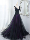 Niulatu Tulle A-Line V-Neck Purple Satin Lace Applique Long Prom Dress With Beadings HZ1103