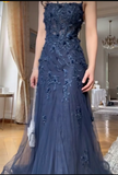 Niulatu Blue Tulle A-Line Spaghetti Strap Appliqu¨¦ Long Prom Dress Evening Dress HZ1103