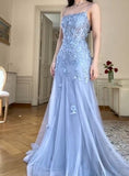 Niulatu Blue Tulle A-Line Spaghetti Strap Appliqu¨¦ Long Prom Dress Evening Dress HZ1103