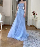 Niulatu Blue Tulle A-Line Spaghetti Strap Appliqu¨¦ Long Prom Dress Evening Dress HZ1103