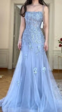 Niulatu Blue Tulle A-Line Spaghetti Strap Appliqu¨¦ Long Prom Dress Evening Dress HZ1103