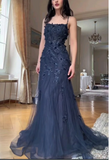 Niulatu Blue Tulle A-Line Spaghetti Strap Appliqu¨¦ Long Prom Dress Evening Dress HZ1103