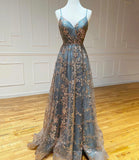 Niulatu A-Line Spaghetti Strap Tulle Long Prom Dress Sequins Evening Gown with Slits HZ1103