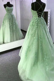 Niulatu Green A-Line Spaghetti Strap Tulle Applique Long Prom Dress HZ1103