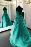 Niulatu Green A-Line Spaghetti Strap Tulle Applique Long Prom Dress HZ1103