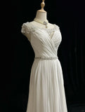 Niulatu Elegant A-Line Chiffon V-neck Long Prom Dress with Beading Simple Wedding Dress HZ1103