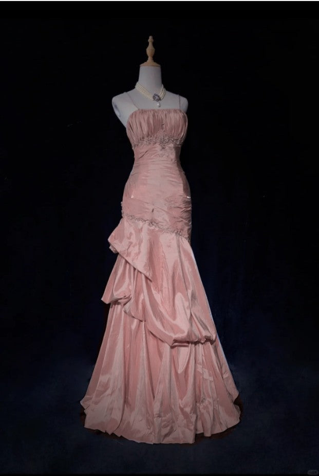 Niulatu Spaghetti Straps Mermaid Evening Dress?? Pink Satin Layered Pleated Prom Dress with Beading HZ1026