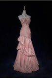 Niulatu Spaghetti Straps Mermaid Evening Dress?? Pink Satin Layered Pleated Prom Dress with Beading HZ1026