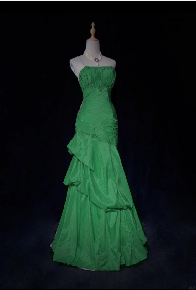 Niulatu Spaghetti Straps Mermaid Evening Dress?? Pink Satin Layered Pleated Prom Dress with Beading HZ1026