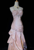 Niulatu Spaghetti Straps Mermaid Evening Dress?? Pink Satin Layered Pleated Prom Dress with Beading HZ1026