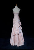 Niulatu Spaghetti Straps Mermaid Evening Dress?? Pink Satin Layered Pleated Prom Dress with Beading HZ1026