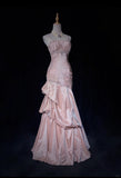 Niulatu Spaghetti Straps Mermaid Evening Dress?? Pink Satin Layered Pleated Prom Dress with Beading HZ1026