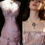 Niulatu Spaghetti Straps Mermaid Evening Dress?? Pink Satin Layered Pleated Prom Dress with Beading HZ1026