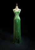 Niulatu Spaghetti Strap Sheath Satin Beaded Prom Dress Evening Gown HZ1103