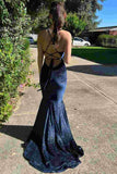 Niulatu Backless Mermaid V-Neck Sleeveless Velvet Long Prom Dress HZ1026