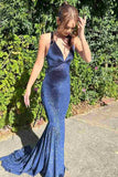 Niulatu Backless Mermaid V-Neck Sleeveless Velvet Long Prom Dress HZ1026