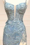 Niulatu Tiffany Blue Spaghetti Straps Tulle Applique Long Prom Dress Sequined Evening Dress with Slits HZ1103